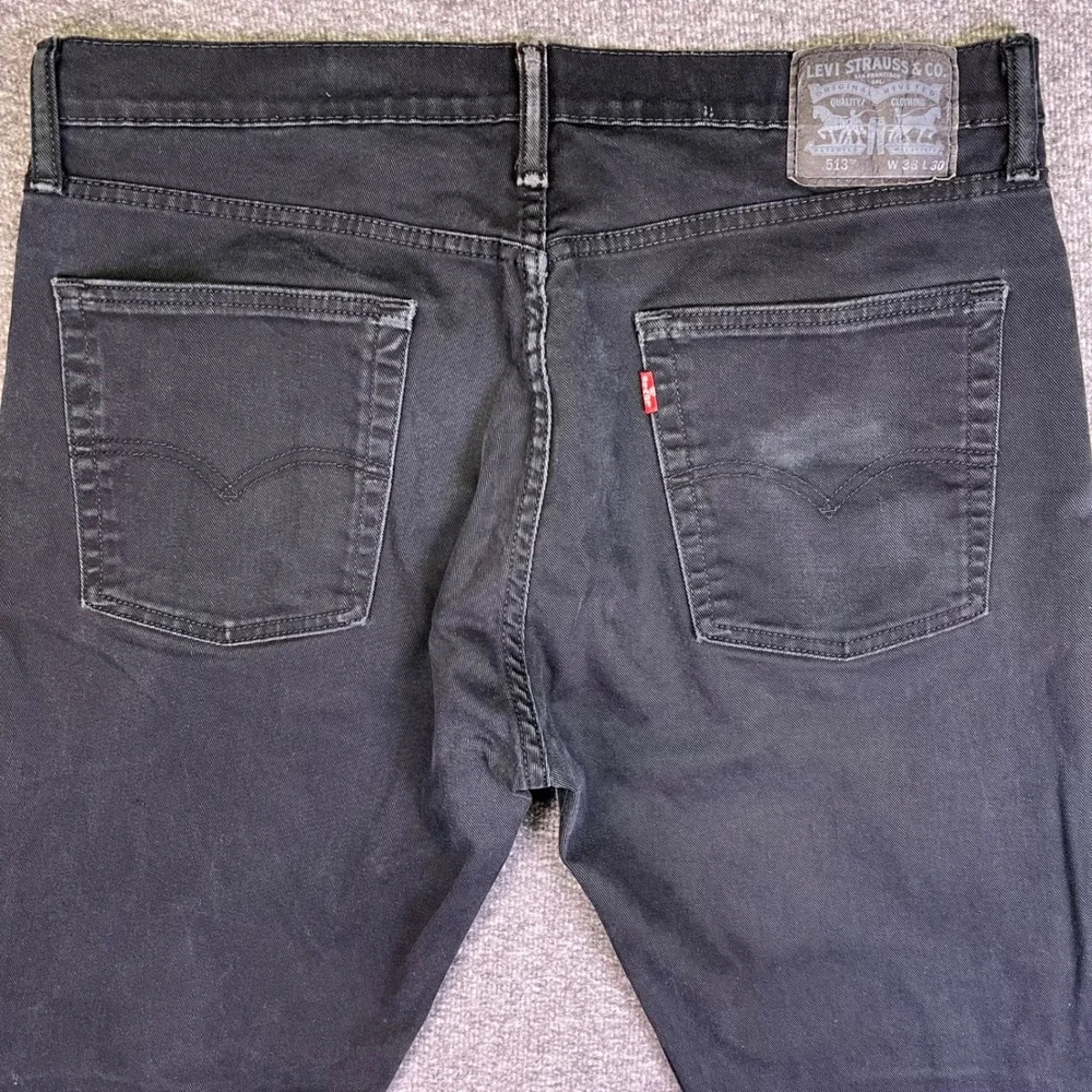 Levis 513 Slim Straight Jeans Mens 36x30 Black Distressed Grunge Stretch Casual‎
